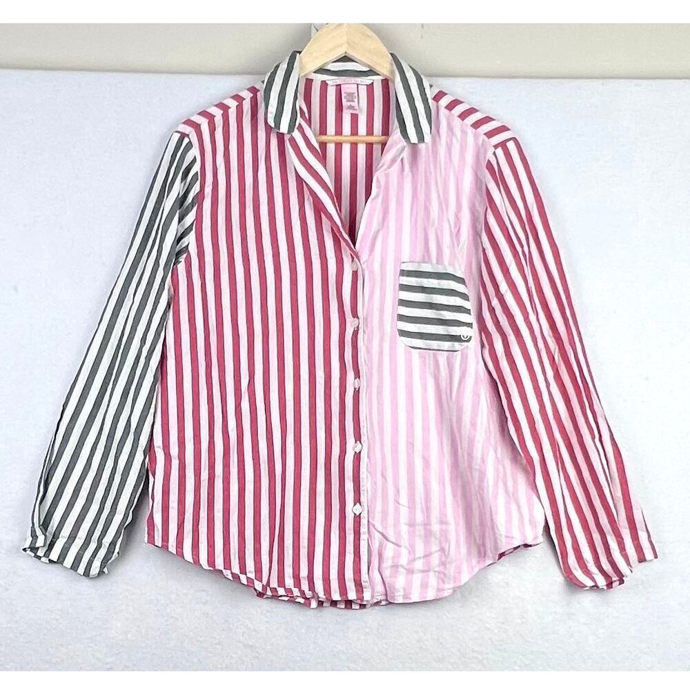 Victoria Secret Medium Flannel Pajama Top Multicolored Striped Color Block